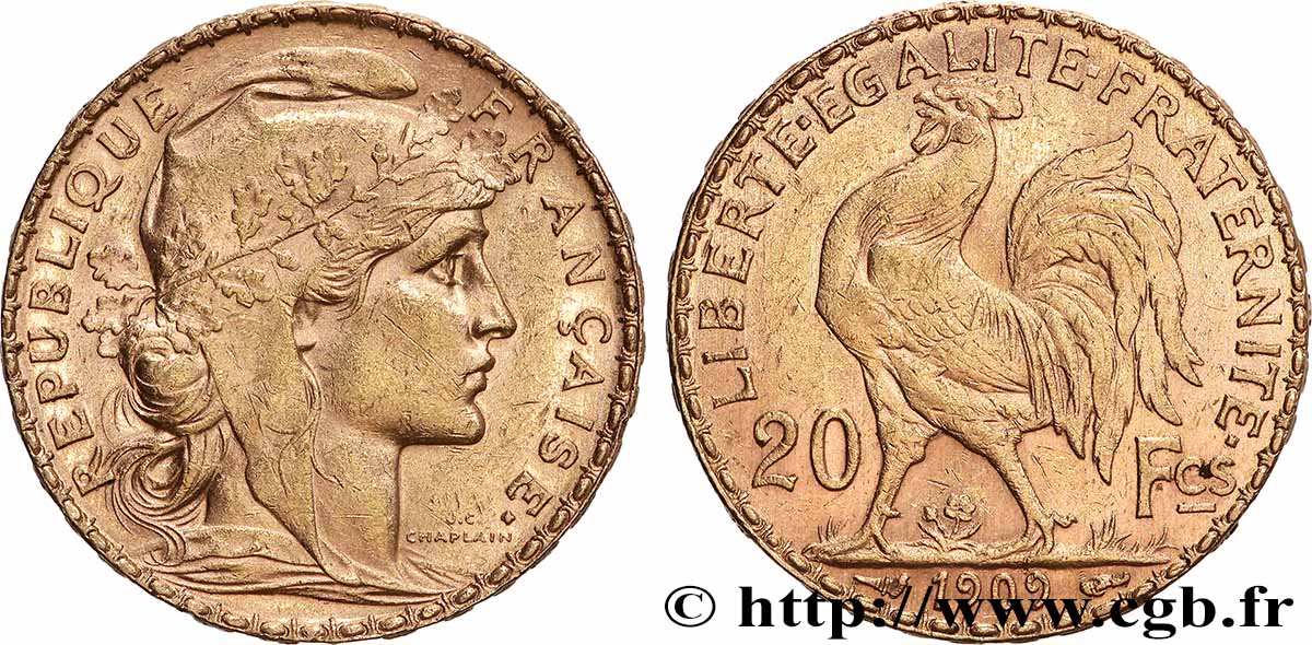 20 francs or Coq, Liberté Égalité Fraternité 1909 Paris F.535/3 fVZ 