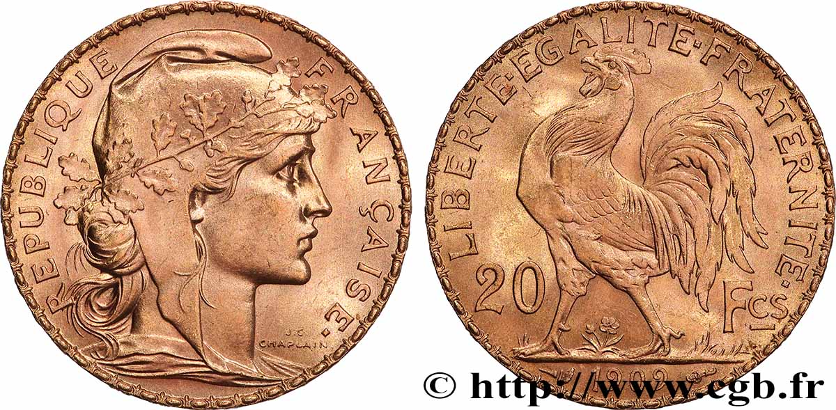 20 francs or Coq, Liberté Égalité Fraternité 1909 Paris F.535/3 fST 