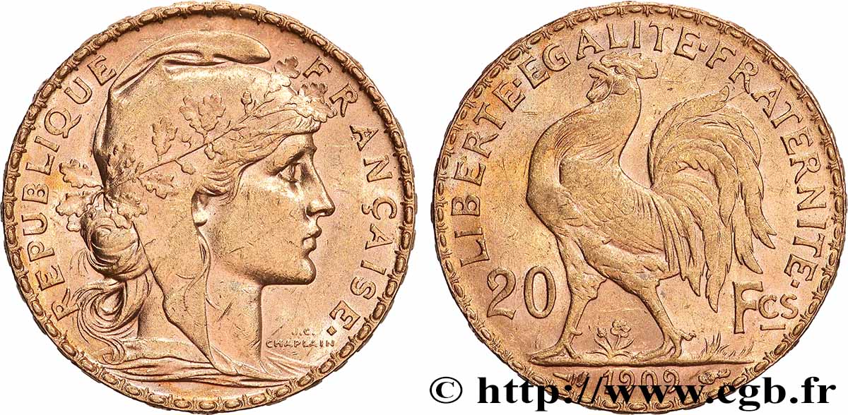 20 francs or Coq, Liberté Égalité Fraternité 1909 Paris F.535/3 fVZ 