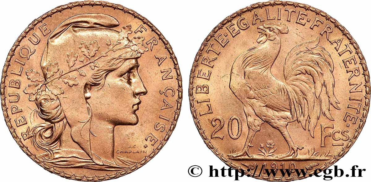 20 francs or Coq, Liberté Égalité Fraternité 1910 Paris F.535/4 MS 