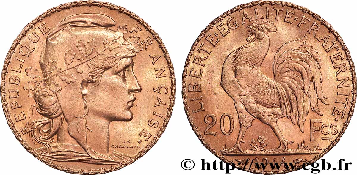20 francs or Coq, Liberté Égalité Fraternité 1914 Paris F.535/8 fST 