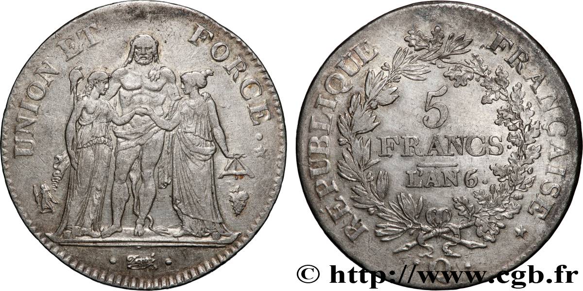 5 francs Union et Force, Union serré, sans glands intérieurs et avec gland extérieur 1798 Perpignan F.288/83 XF 