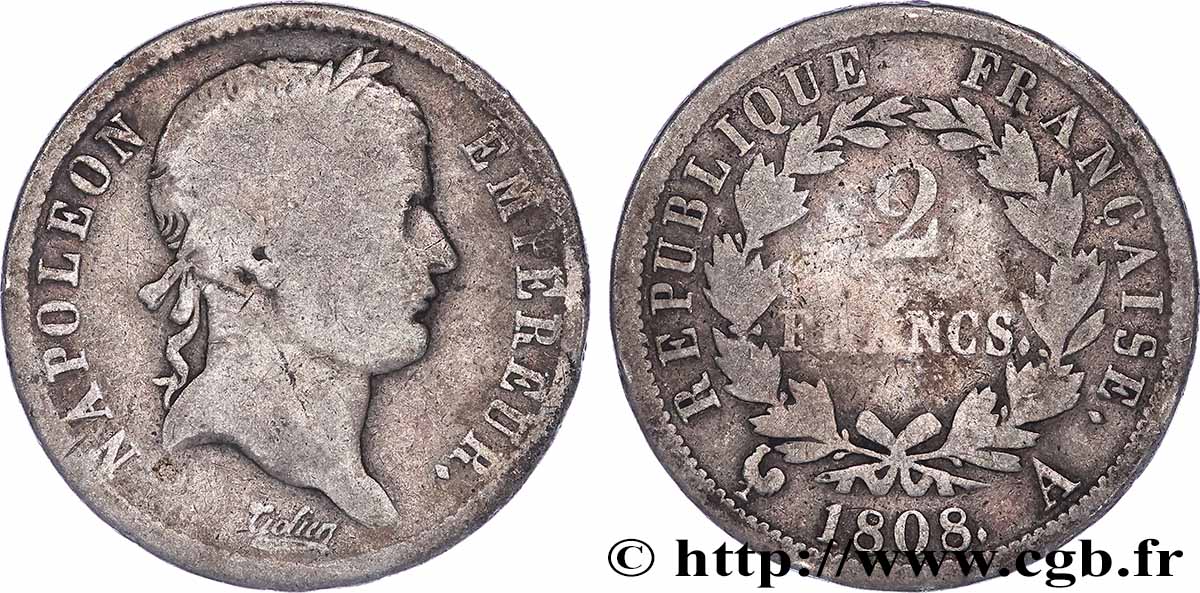 2 francs Napoléon Ier tête laurée, République française 1808 Paris F.254/4 VG 