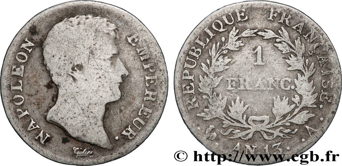 1 franc Napoléon Empereur, Calendrier révolutionnaire 1805 Paris F.201/14 B+ 