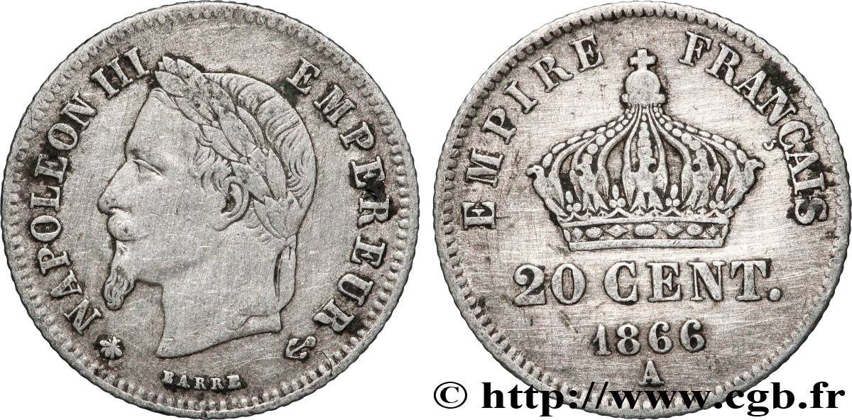 20 centimes Napoléon III, tête laurée, petit module 1866 Paris F.149/4 TB 