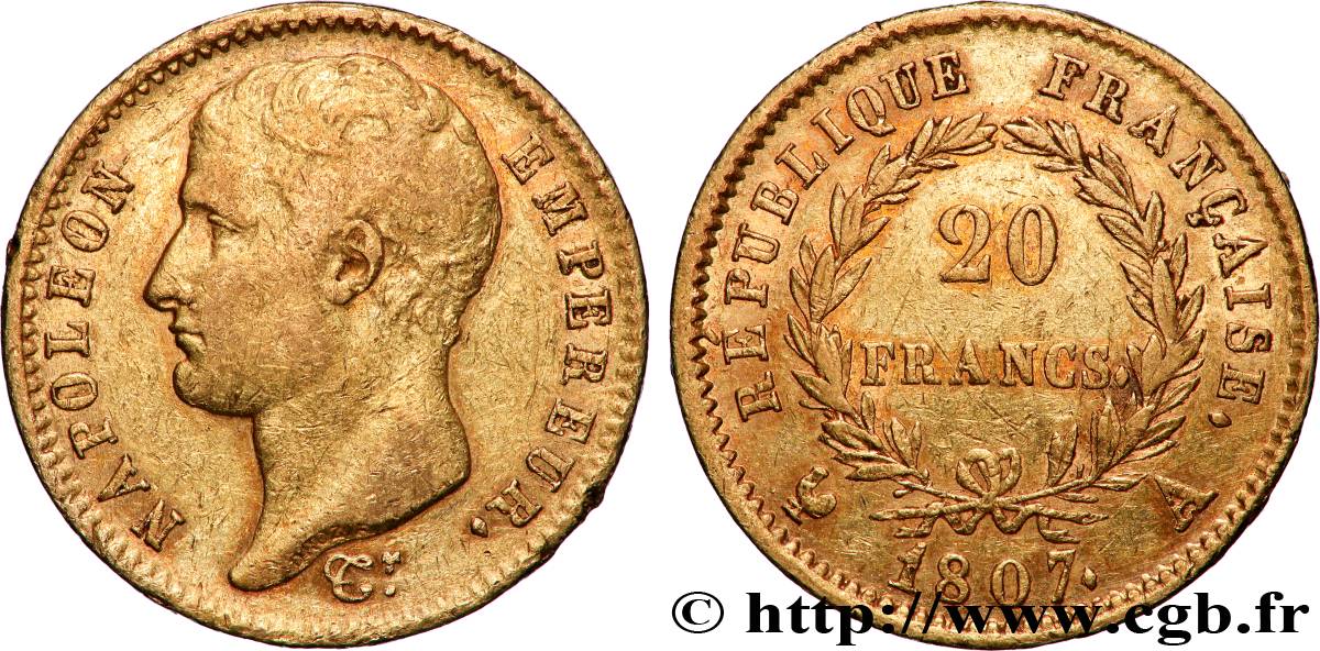 20 francs Napoléon tête nue, type transitoire 1807 Paris F.514/1 VF 