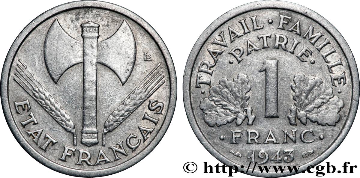 1 franc Francisque, légère, frappe médaille 1943 Paris F.223/3 var. VF 