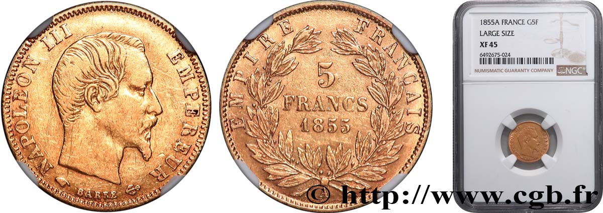 5 francs or Napoléon III, tête nue, grand module 1855 Paris F.501/1 XF45 NGC