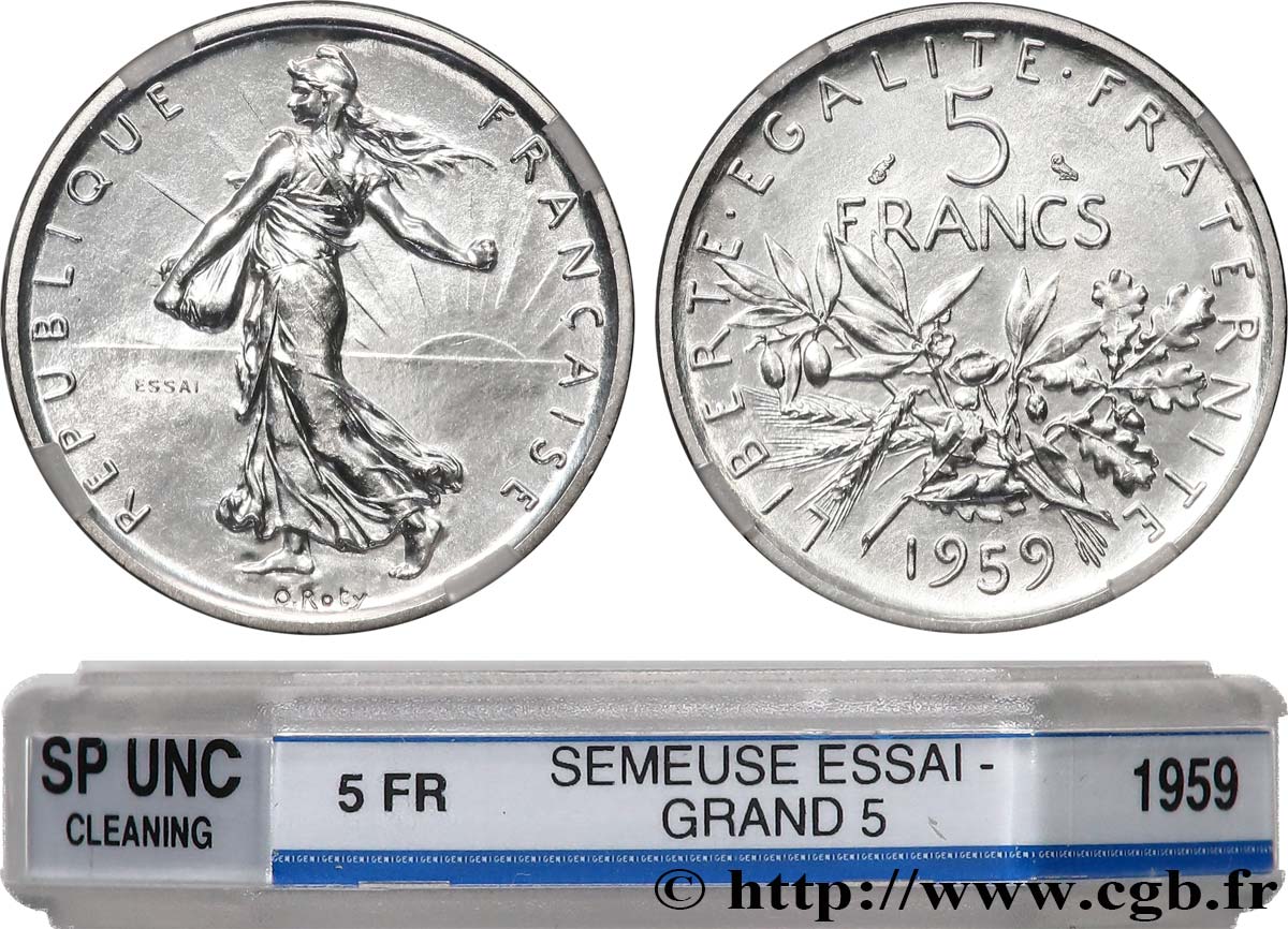 Essai de 5 francs Semeuse, argent, grand 5 1959 Paris F.340/1 SUP+ 