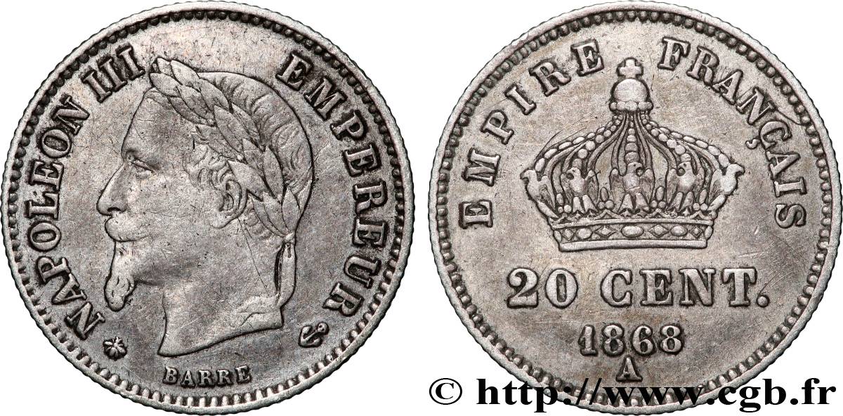 20 centimes Napoléon III, tête laurée, grand module 1868 Paris F.150/4 fSS 