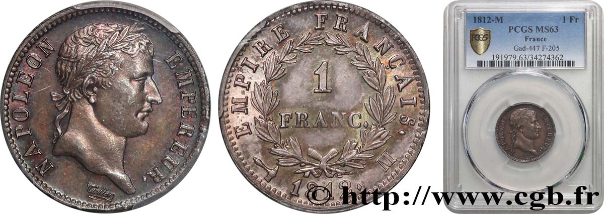 1 franc Napoléon Ier tête laurée, Empire français 1812 Toulouse F.205/50 MS63 PCGS