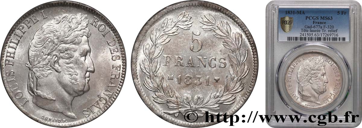 5 francs Ier type Domard, tranche en relief 1831 Marseille F.320/10 MS63 PCGS