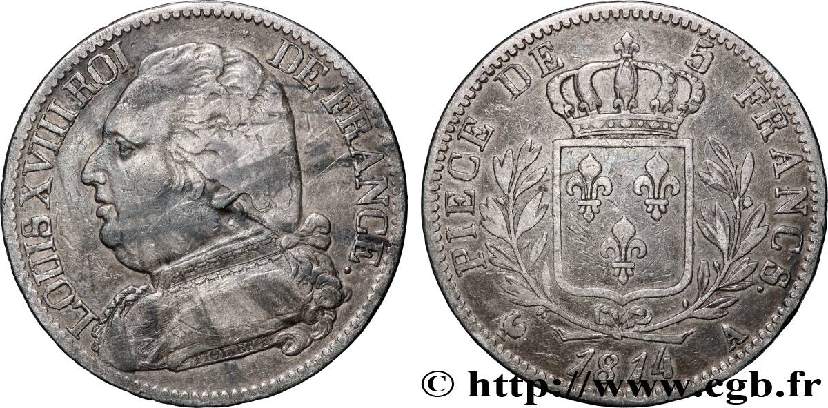 5 francs Louis XVIII, buste habillé 1814 Paris F.308/1 S 