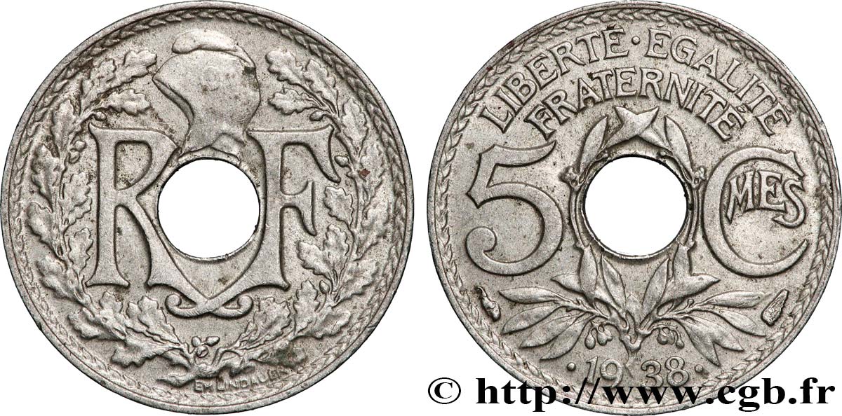 5 centimes Lindauer, maillechort 1938 Paris F.123A/2 VZ 