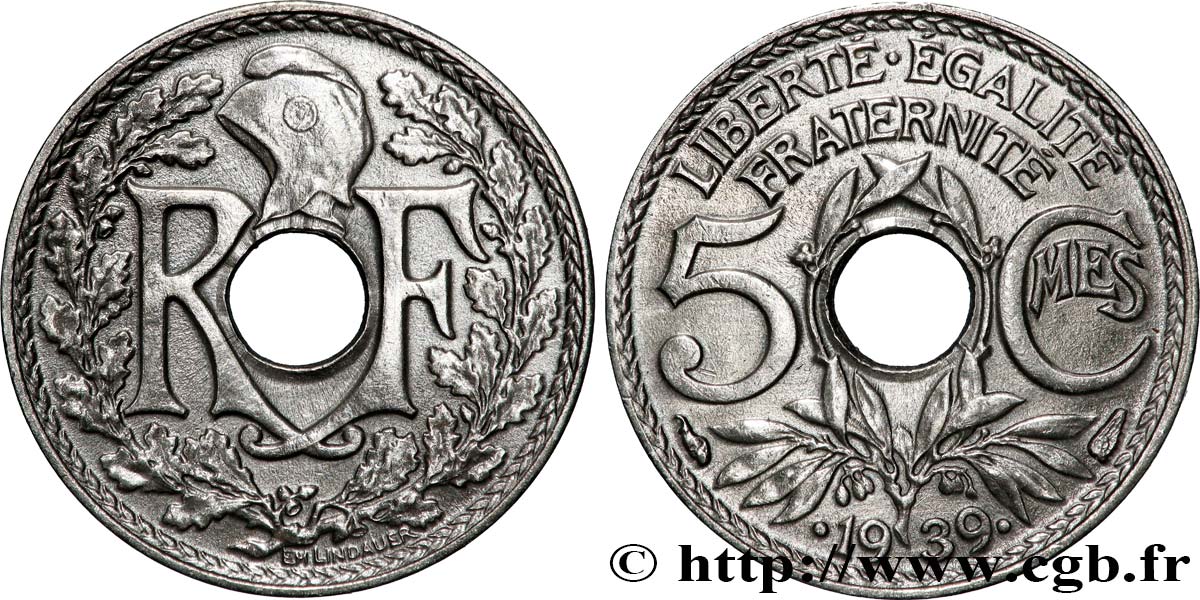 5 centimes Lindauer, maillechort 1939 Paris F.123A/3 MS 