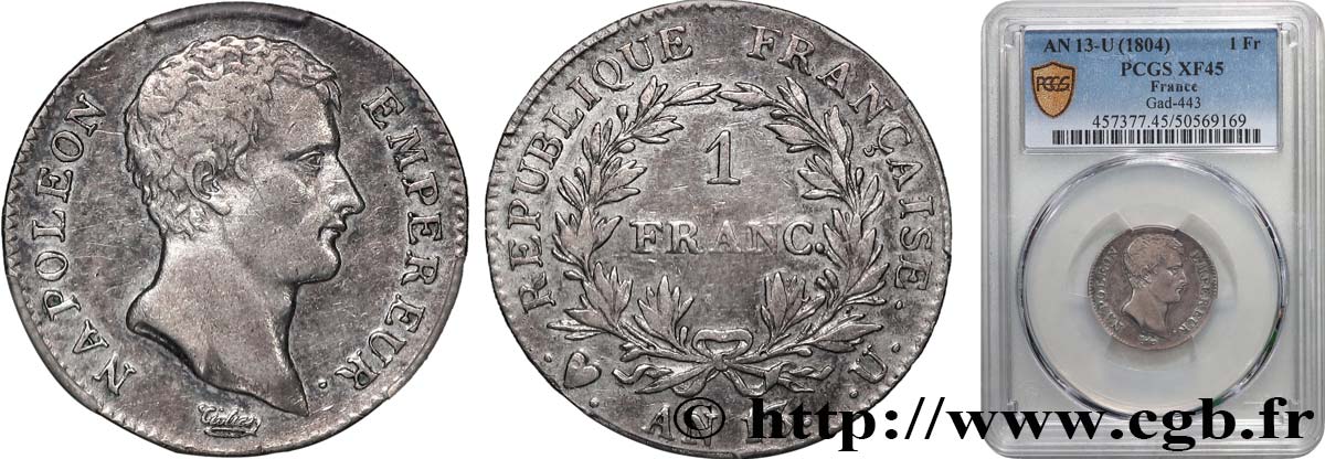 1 franc Napoléon Empereur, Calendrier révolutionnaire 1805 Turin F.201/27 TTB45 PCGS