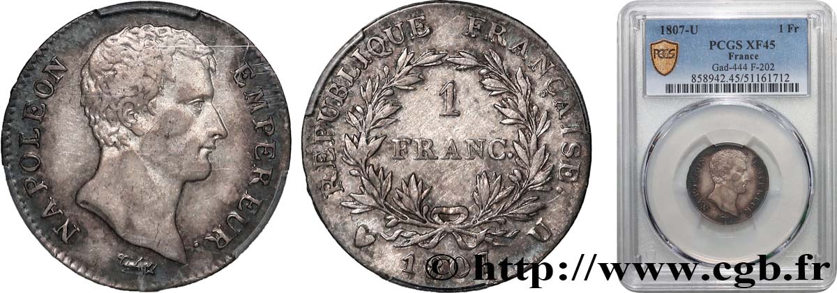 1 franc Napoléon Empereur, Calendrier grégorien 1807 Turin F.202/18 TTB45 PCGS