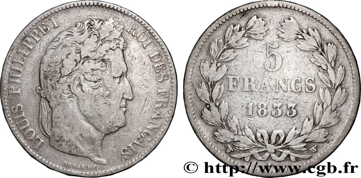 5 francs IIe type Domard 1833 Lille F.324/28 BC+ 