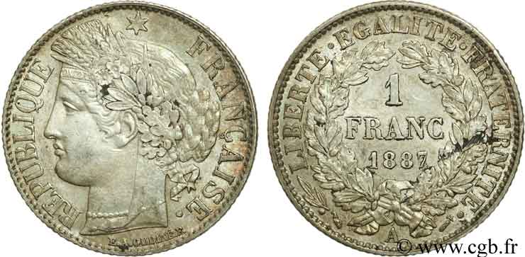 1 franc Cérès, IIIe République 1887 Paris F.216/9 SUP55 