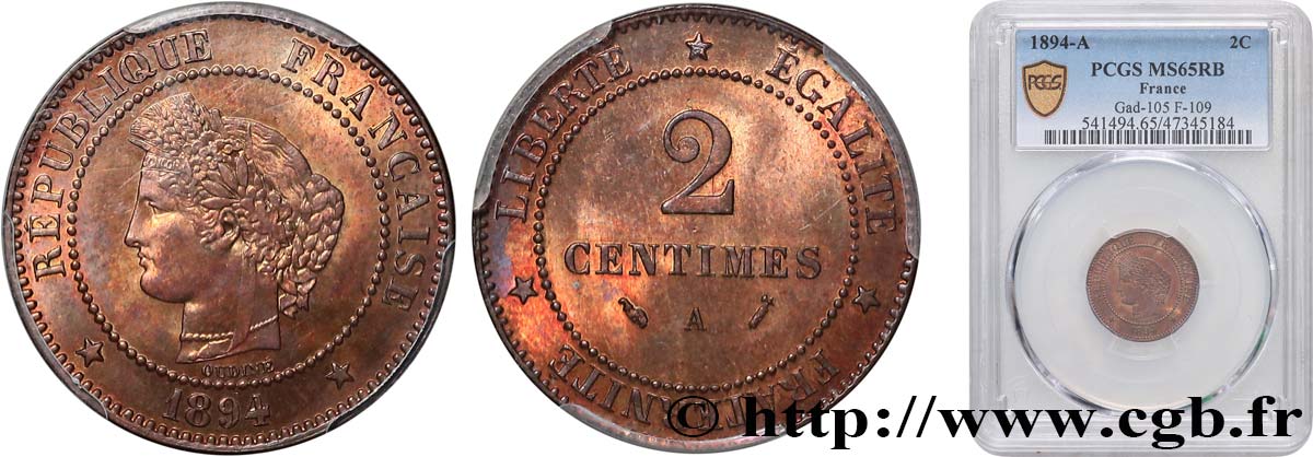 2 centimes Cérès 1894 Paris F.109/20 FDC65 PCGS
