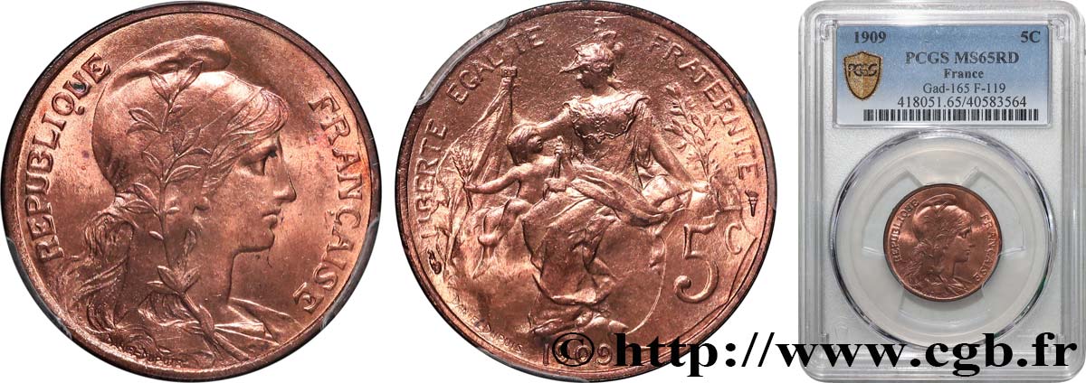5 centimes Daniel-Dupuis 1909  F.119/20 FDC65 PCGS