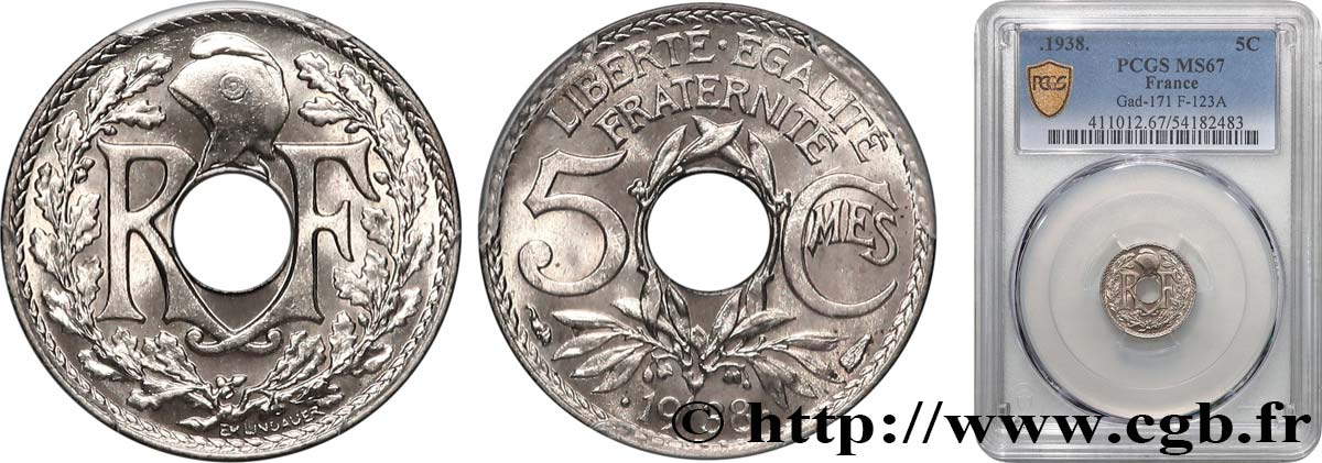 5 centimes Lindauer, maillechort 1938 Paris F.123A/2 MS67 PCGS