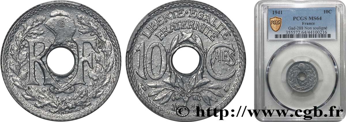 10 centimes Lindauer en zinc, Cmes non souligné et millésime sans points 1941  F.140A/1 SPL64 PCGS