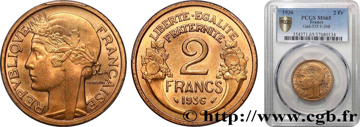 2 francs Morlon 1936  F.268/9 FDC65 PCGS