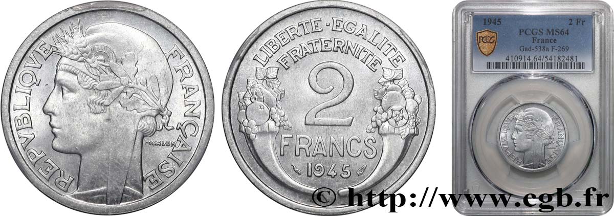 2 francs Morlon, aluminium 1945  F.269/5 MS64 PCGS