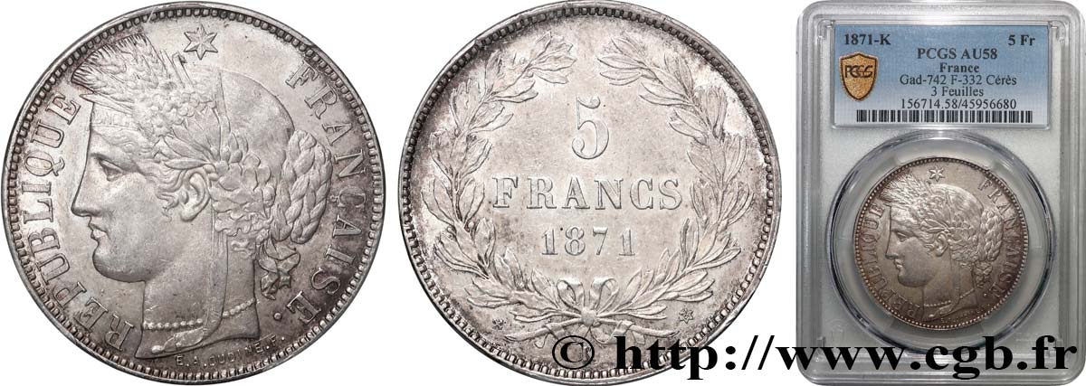 5 francs Cérès, sans légende 1871 Bordeaux F.332/8 SUP58 PCGS