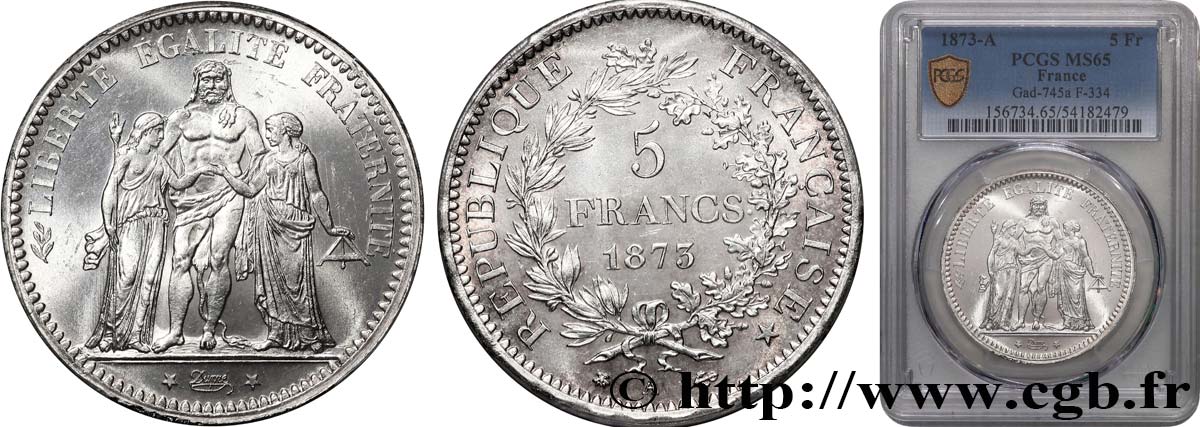 5 francs Hercule 1873 Paris F.334/9 FDC65 PCGS
