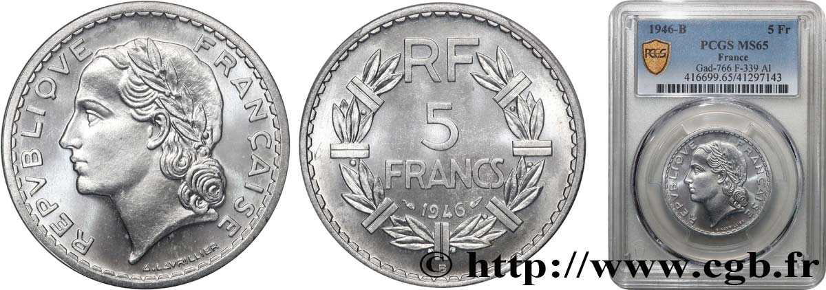 5 francs Lavrillier, aluminium 1946 Beaumont-Le-Roger F.339/7 FDC65 PCGS