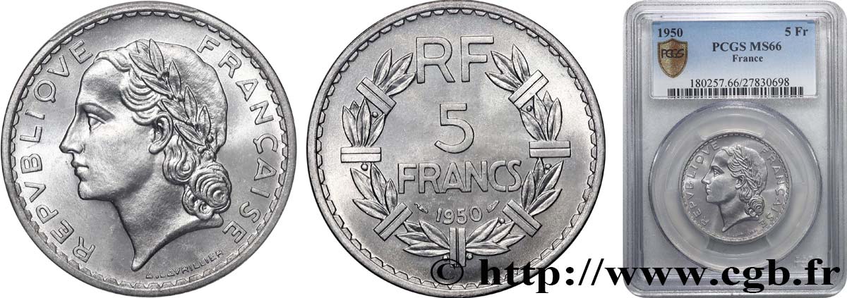 5 francs Lavrillier, aluminium 1950  F.339/20 ST66 PCGS