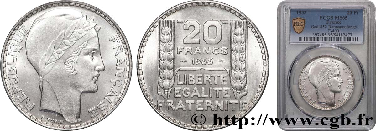20 francs Turin, Rameaux Longs 1933  F.400/5 FDC65 PCGS