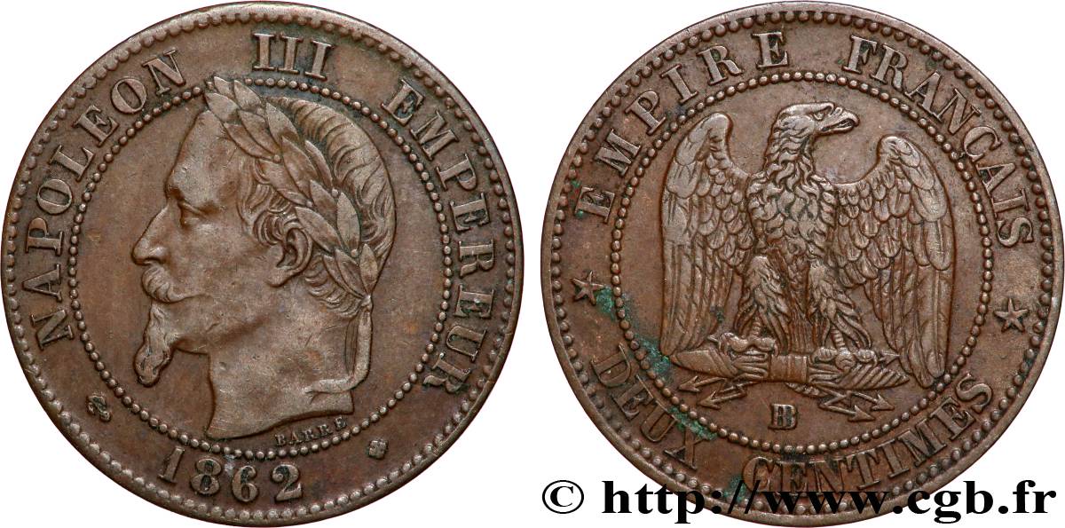 Deux centimes Napoléon III, tête laurée 1862 Strasbourg F.108A/5 XF 