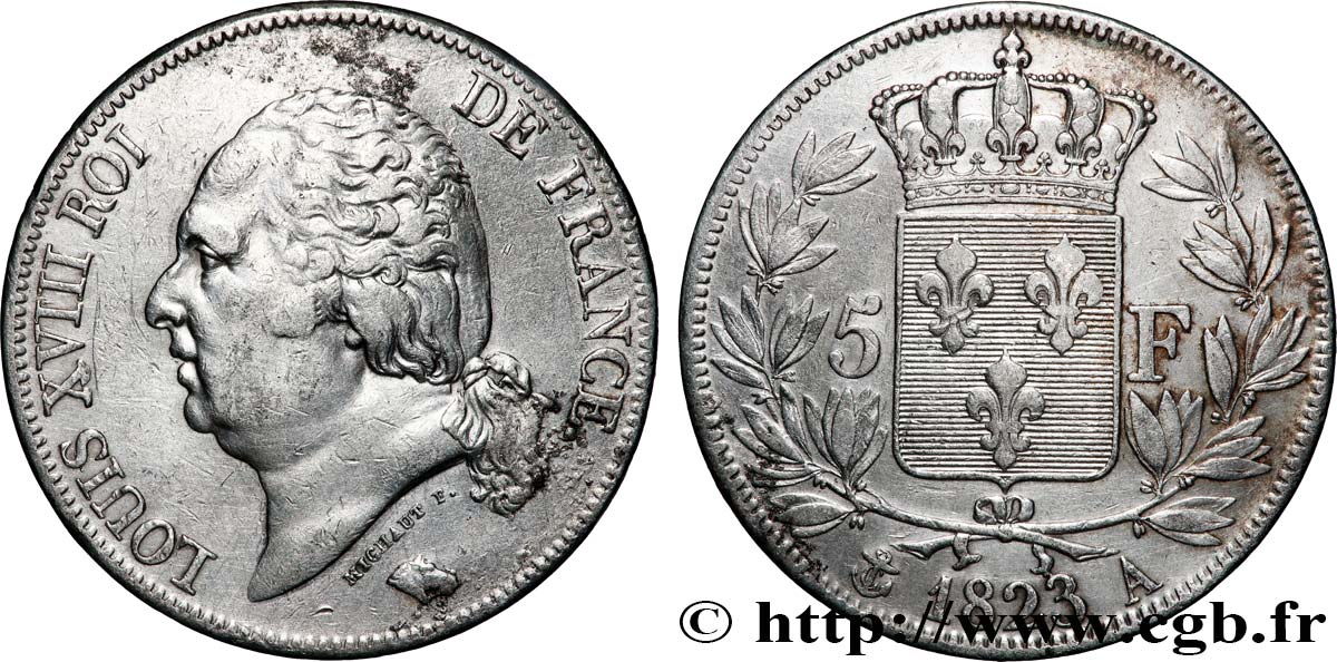 5 francs Louis XVIII, tête nue 1823 Paris F.309/76 TB+/TTB 