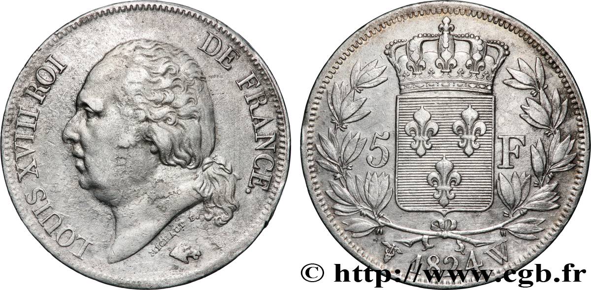 5 francs Louis XVIII, tête nue 1824 Lille F.309/98 TB+ 