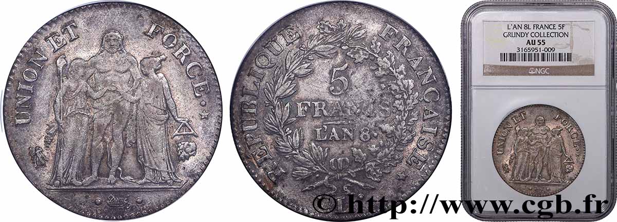 5 francs Union et Force, Union serré, avec glands intérieurs et gland extérieur 1800 Bayonne F.288/142 AU55 NGC