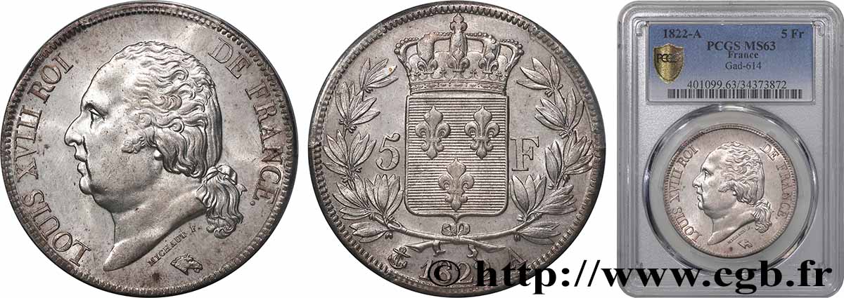 5 francs Louis XVIII, tête nue 1822 Paris F.309/68 fST63 PCGS