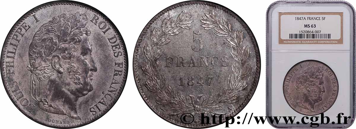 5 francs IIIe type Domard 1847 Paris F.325/14 fST63 NGC