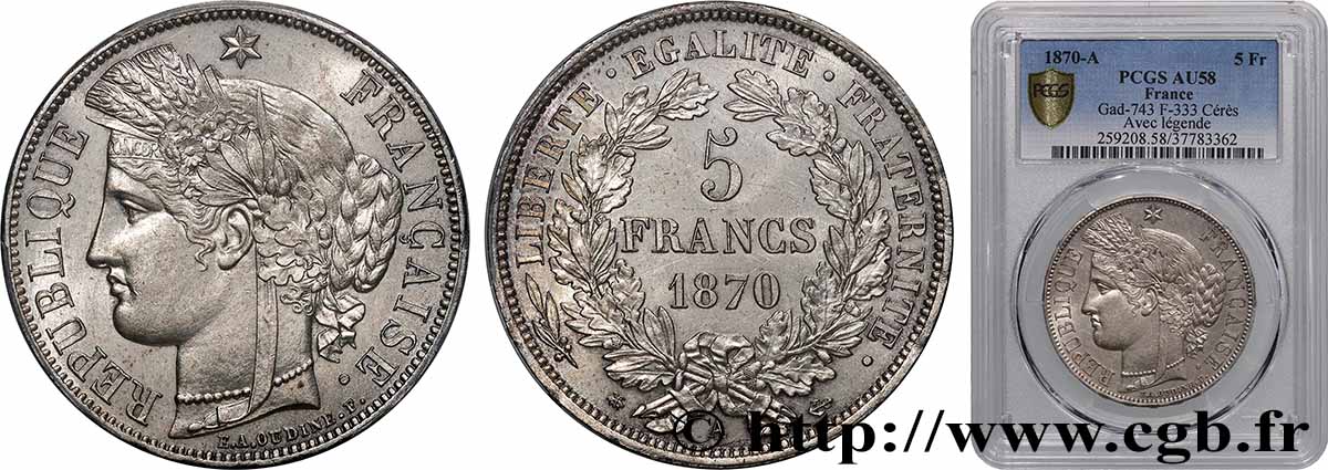 5 francs Cérès, avec légende 1870 Paris F.333/1 SUP58 PCGS