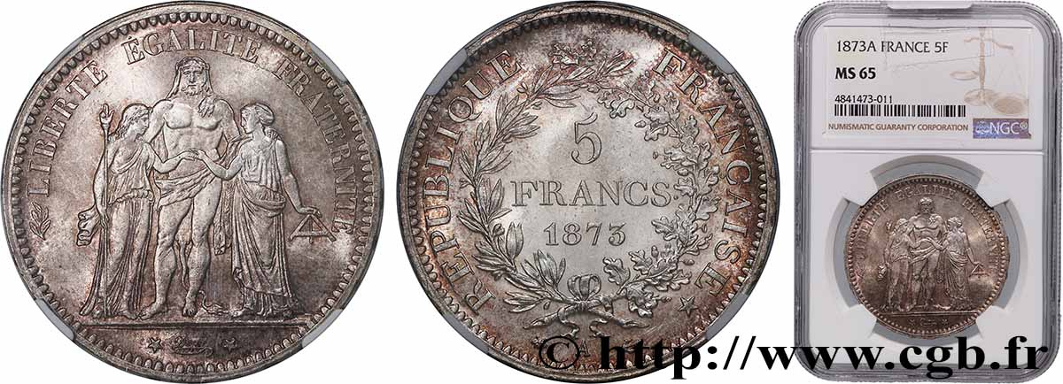 5 francs Hercule 1873 Paris F.334/9 FDC65 NGC