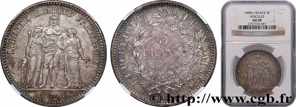 5 francs Hercule, IIe République 1848 Paris F.326/1 SUP58 NGC
