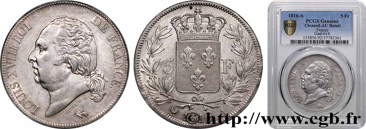 5 francs Louis XVIII, tête nue 1816  Paris F.309/1 fVZ PCGS