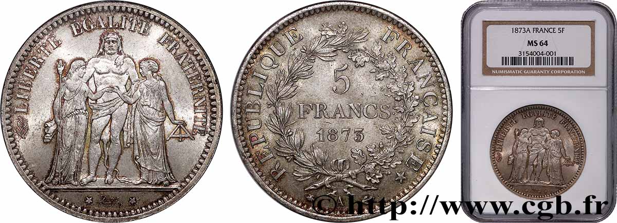 5 francs Hercule 1873 Paris F.334/9 fST64 NGC