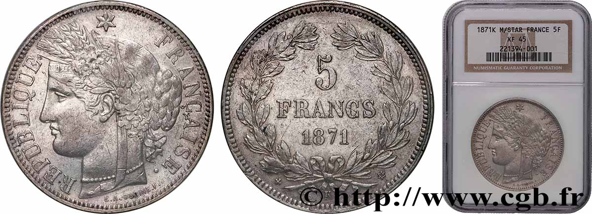 5 francs Cérès, sans légende 1871 Bordeaux F.332/8 XF45 NGC