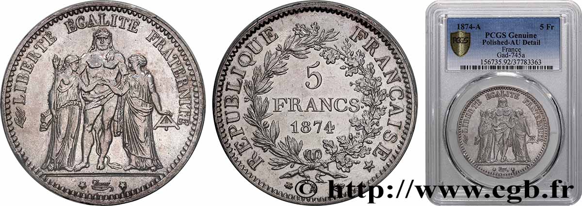 5 francs Hercule 1874 Paris F.334/12 TTB+ PCGS