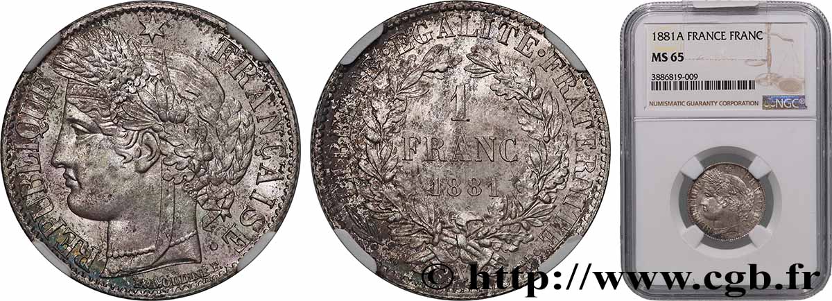1 franc Cérès, Troisième République 1881 Paris F.216/8 FDC65 NGC