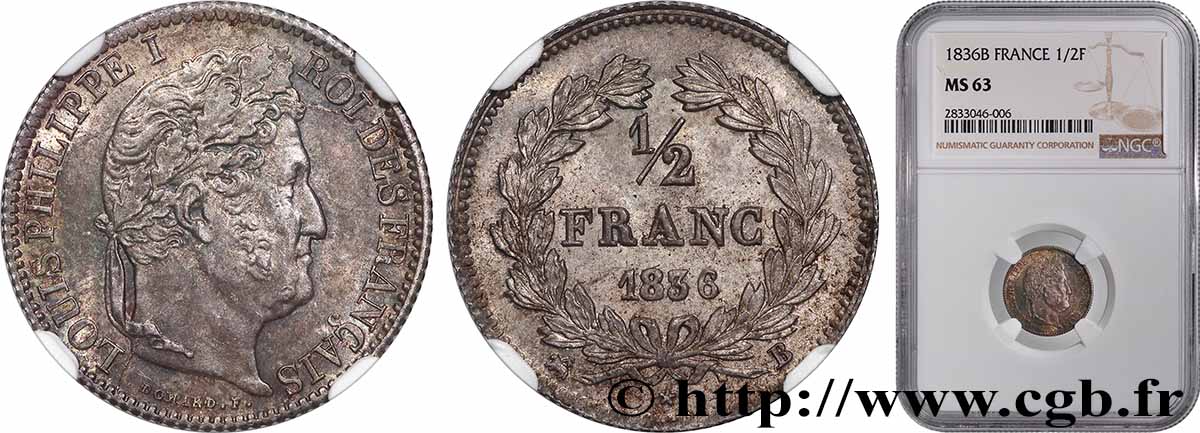 1/2 franc Louis-Philippe 1836 Rouen F.182/63 SPL63 NGC