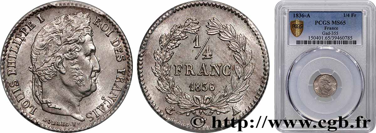 1/4 franc Louis-Philippe 1836 Paris F.166/59 FDC65 PCGS